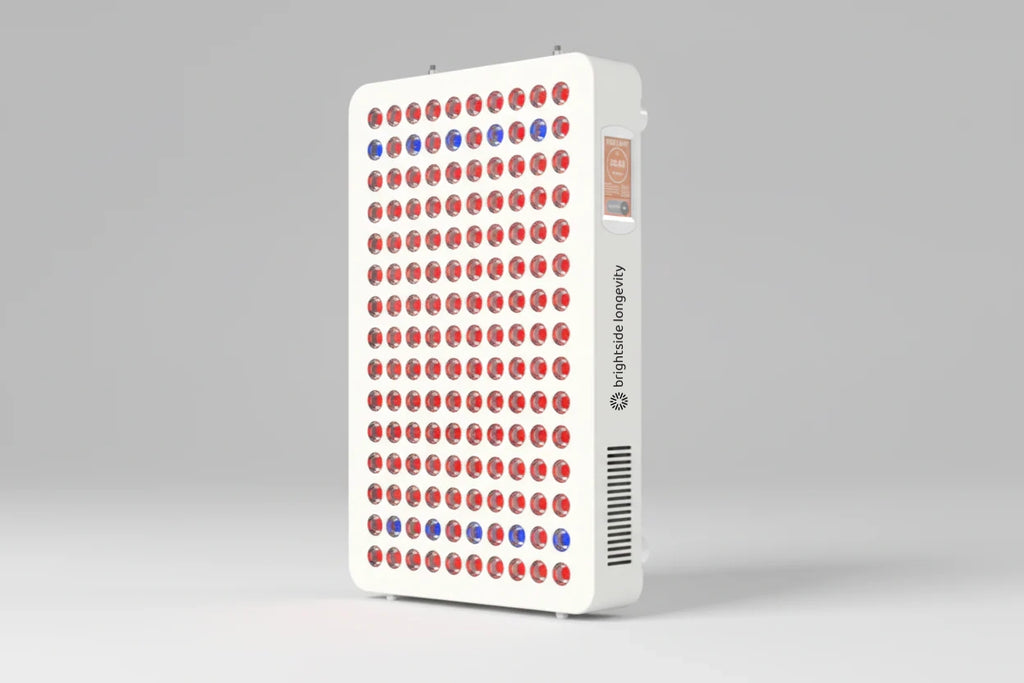 Brightside Longevity Core 750 full-spectrum red and near-infrared LED light therapy panel, angled view