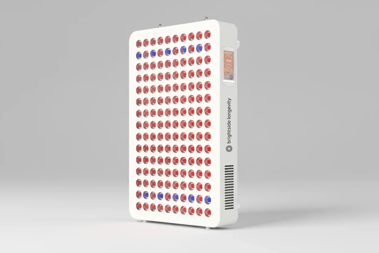 Brightside Longevity Core 750 full-spectrum red and near-infrared LED light therapy panel, angled view