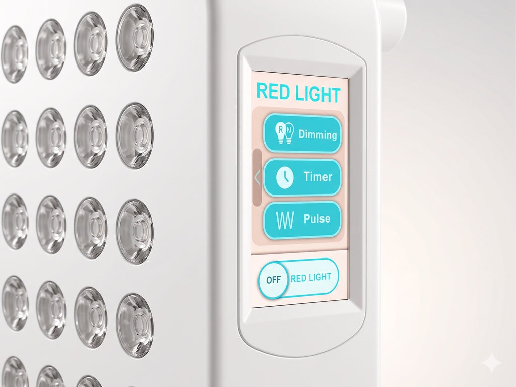 Control panel with LED lights and digital display on a white background