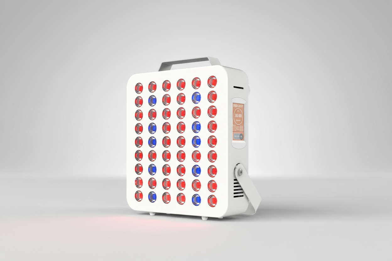 Red and near-infrared LED light therapy panel with red and blue LEDs on a white background. 3/4 view. Control panel.
