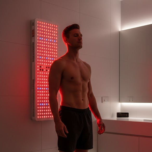 Brightside Longevity Core 1500 full spectrum red light therapy panel mounted on a bathroom wall, used by a man during an at-home wellness session.