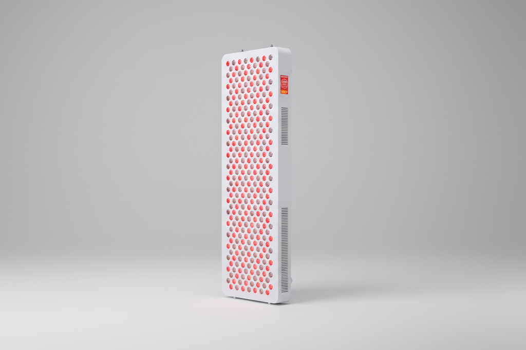 Brightside Longevity Core 1500 full-spectrum red and near-infrared light therapy panel on a white background. Angled view.
