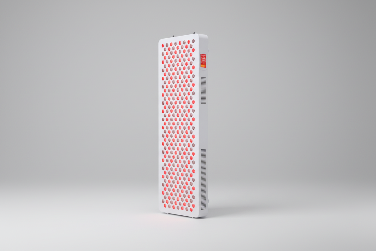 Brightside Longevity Core 1500 full-spectrum red and near-infrared light therapy panel on a white background. Angled view.
