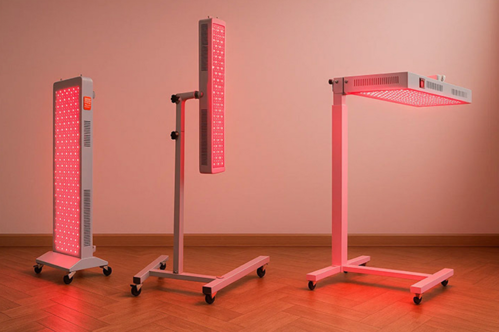 Three Brightside Longevity Core 1500 full spectrum red light therapy panels on wheeled stands in a professional wellness space.