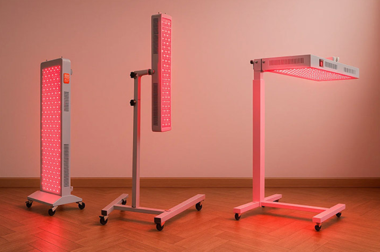 Three Brightside Longevity Core 1500 full spectrum red light therapy panels on wheeled stands in a professional wellness space.