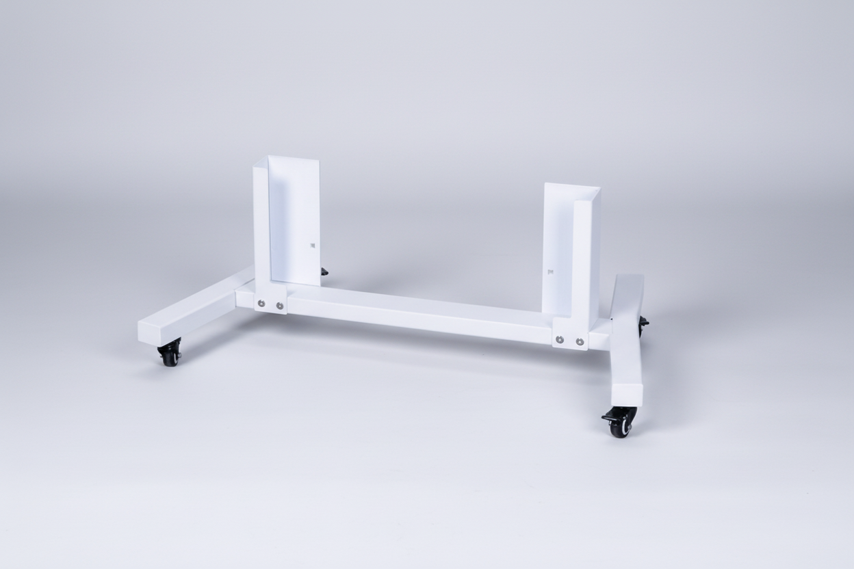 White adjustable metal floor stand with wheels designed for red light therapy panels