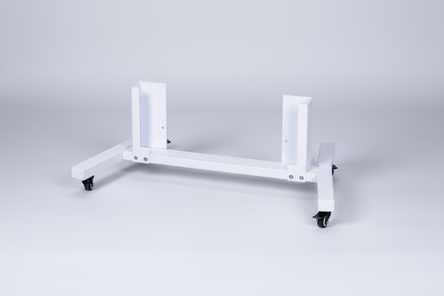 White adjustable metal floor stand with wheels designed for red light therapy panels